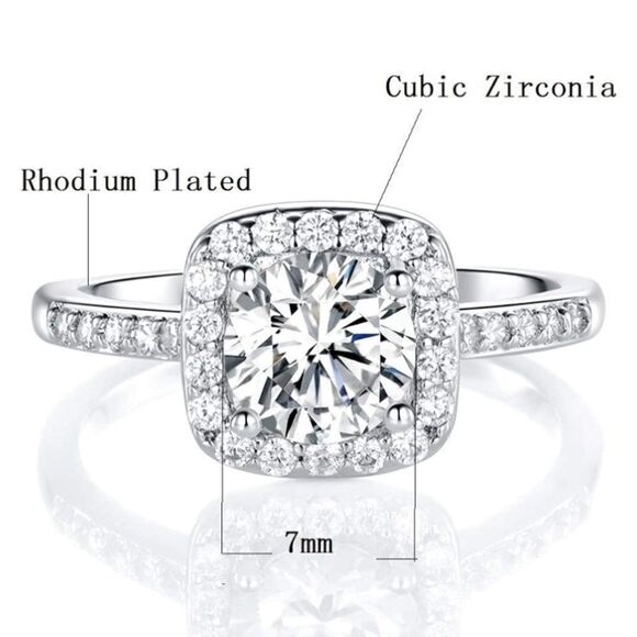 Silver Rhodium and White Diamond Cubic Zirconia Square Halo Ring - Picture 2 of 13